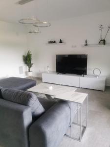 a living room with a couch and a table and a tv at Lunisa VS1 Apartment in Kostrena