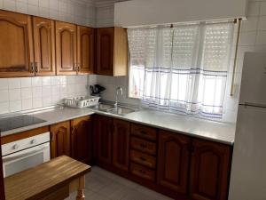 a kitchen with wooden cabinets and a sink and a refrigerator at Barragán 1 in Puerto Real