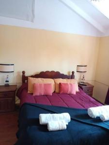 a bedroom with a large bed with two towels on it at Depto Acogedor cómodo y súper luminoso en km 7,500 in San Carlos de Bariloche