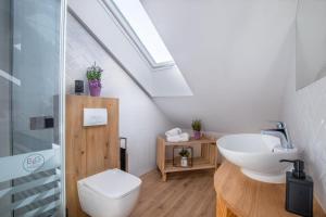 a bathroom with a white toilet and a sink at Big Marc in Krynica Zdrój