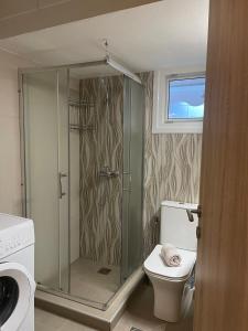 een badkamer met een douche, een toilet en een raam bij Backyard houses in Toroni