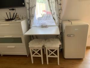 ポドハイスカにあるApartmány ZELENÝ DOMのキッチン(シンク、冷蔵庫、スツール付)