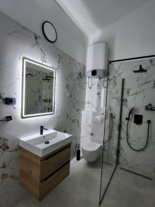 y baño con lavabo, ducha y espejo. en Apartman LIBRA, en Kaštela