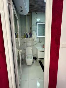 Baño pequeño con aseo y lavamanos en Studio near Tirana Airport 2- SELF Check-in Free Parking en Valjiosi
