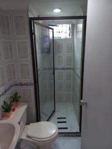y baño con ducha, aseo y lavamanos. en La posada de Zophiel, en Itagüí
