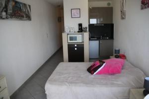 阿格德角的住宿－Studio 721, Port Nature 7 au village naturiste，一间卧室配有一张带粉红色枕头的床