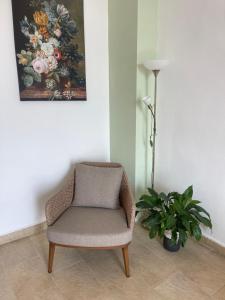 a chair in a room with a painting and a plant at Hostel Oltenia in Eforie Sud