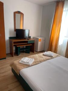 um quarto com 2 camas, uma televisão e uma secretária em Hotel Oltenia em Eforie Sud