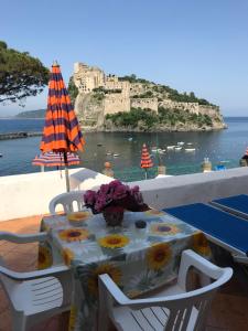 una mesa y sillas con vistas a un castillo en Hotel Villa Antonio en Isquia