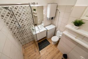 een badkamer met een douche, een toilet en een wastafel bij Ráday Boutique Apartment in Boedapest