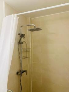 La salle de bains est pourvue d'une douche avec rideau de douche. dans l'établissement FABULEUX STUDIO Centre ville Fort De France Martinique CAPITALE, à Fort-de-France