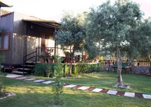 a garden with a house and a tree at Söğüt Tinyhouse & Glamping in Marmaris