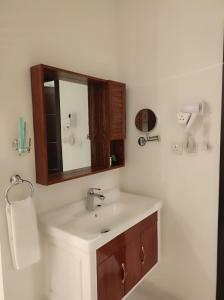 a bathroom with a sink and a mirror at Kyan Park Abha Hotel in Abha