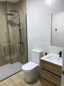 y baño con ducha, aseo y lavamanos. en Trasariz Suites 2 en Vimianzo