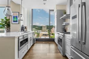 a kitchen with stainless steel appliances and a large window at 'Cloud 10' A Luxury Downtown Condo with Panoramic City and Mountain Views at Arras Vacation Rentals in Asheville