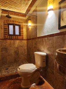 La salle de bains est pourvue de toilettes et d'un lavabo. dans l'établissement Hotel Santa Irene, à Cholula