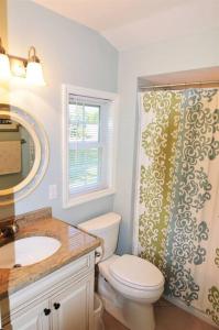 a bathroom with a toilet and a shower curtain at Carraig Dale Cottage in Fish Creek