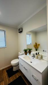 a bathroom with a sink and a toilet and a mirror at Stay with the Singhs in Rolleston