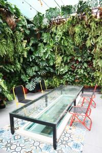 胡志明市的住宿－AMANGO HOSTEL，绿色墙前的玻璃桌子和椅子