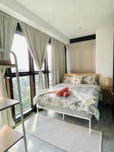 a bedroom with a bed and a large window at Central Apartment St Leonards in Sydney