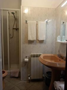 uma casa de banho com um lavatório e um chuveiro com toalhas em Terra Del Bosco Agriturismo em Sesta Godano