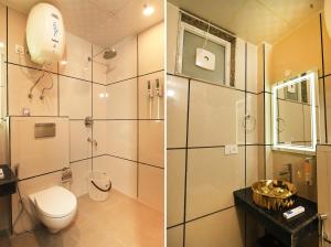 two pictures of a bathroom with a toilet and a shower at The Altruist Business Stays , DLF Phase 3 in Gurgaon