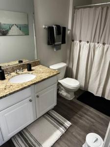 a bathroom with a sink and a toilet and a shower at Extravagant 2 BR/2 BA Apartment in Savannah