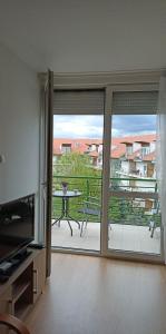 Habitación con puerta corredera de cristal, mesa y balcón. en Szarvas Apartman, en Cserkeszőlő