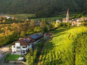 an aerial view of a small village with a church at Posthof in Campo di Trens