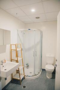 a bathroom with a shower and a toilet and a sink at Liberty Apartment Hotel in Wellington