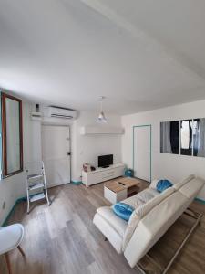- un salon avec un canapé et une télévision dans l'établissement Bienvenue à la plage !, à Argelès-sur-Mer