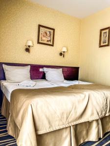 uma cama grande num quarto de hotel com duas lâmpadas em Hotel Adria em Ruda Śląska
