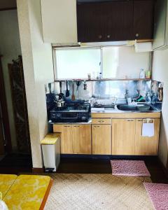 a kitchen with wooden cabinets and a sink at Guesthouse Papaya in Shimoda