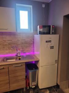 a kitchen with a white refrigerator and a sink at Rodinný dom Podhájska in Podhájska