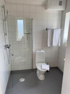 a bathroom with a toilet and a glass shower at Bedinge Golfklubb hotell in Beddinge Strand