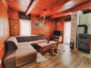 a living room with a couch and a stove at Holiday Home Ljuban in Risovac