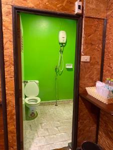 a green bathroom with a toilet and a phone at แพจิตรธาดาธารน้ำ in Tha Kradan