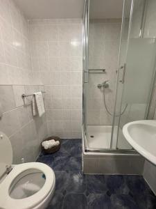 a bathroom with a shower and a toilet and a sink at Hotel Roma in Merzig