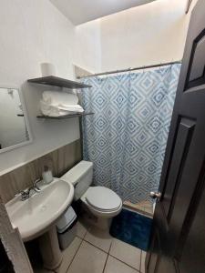 uma casa de banho com um WC, um lavatório e um chuveiro em Residencia en Mazatlán em Mazatlán