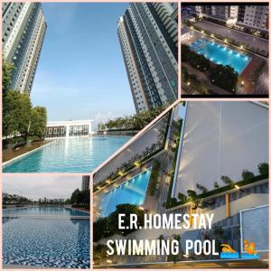 a collage of pictures of buildings and a swimming pool at ER Homestay for Family Transit Nearby KLIA in Sepang