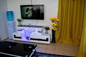 a living room with a tv and a table with flowers at BELEEN HOMES in Limuru