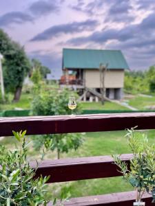 un mangiatoia per uccelli su una recinzione con una casa sullo sfondo di Sava River IN a Ledine