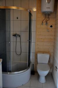 a bathroom with a shower and a toilet and a tub at Morskie Siedlisko Jarosławiec in Jarosławiec