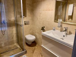 a bathroom with a shower and a toilet and a sink at MAV Boutique Villa in Eforie Nord