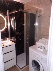 a bathroom with a shower and a washing machine at Cosy Appartement in Cannes