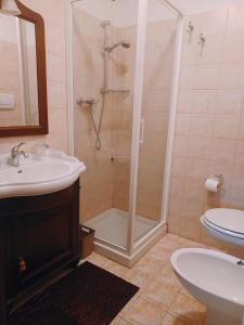 ein Bad mit einer Dusche, einem Waschbecken und einem WC in der Unterkunft Locanda Lac Place Moulin in Bionaz
