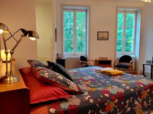 1 dormitorio con 1 cama con almohadas y lámpara en l'Ancre Vive, en Charentay