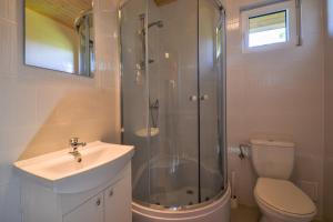 a bathroom with a shower and a sink and a toilet at Domki Nadmorski Skarb Ostrowo k/Karwi in Ostrowo +10 photos