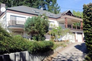 une grande maison blanche avec une allée en face de celle-ci dans l'établissement Ferienwohnung Rodder Maar, à Niederzissen