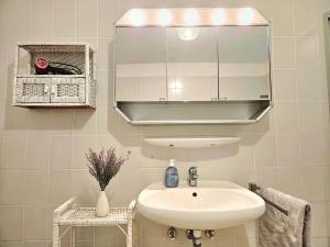 La salle de bains est pourvue d'un lavabo et d'un miroir. dans l'établissement Ferienwohnung Rodder Maar, à Niederzissen